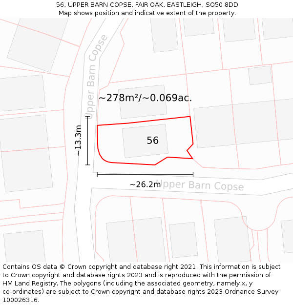 56, UPPER BARN COPSE, FAIR OAK, EASTLEIGH, SO50 8DD: Plot and title map