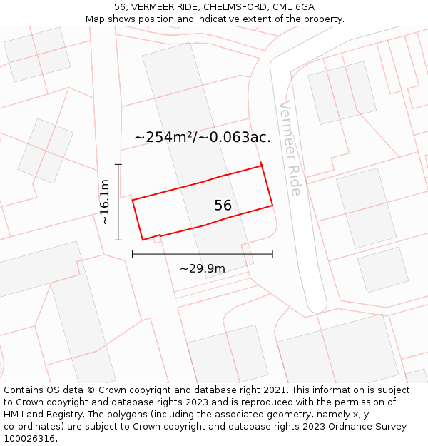 56, VERMEER RIDE, CHELMSFORD, CM1 6GA: Plot and title map