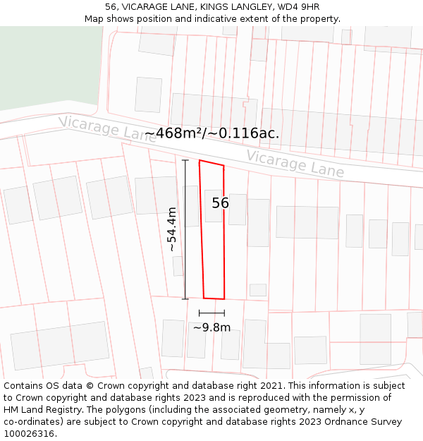 56, VICARAGE LANE, KINGS LANGLEY, WD4 9HR: Plot and title map