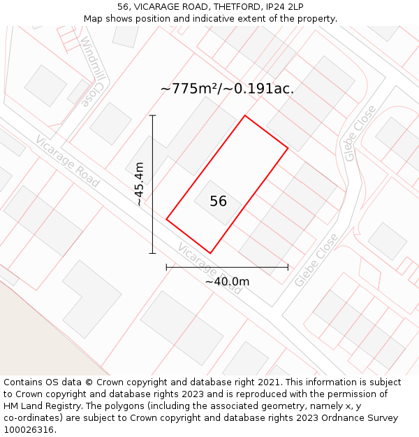 56, VICARAGE ROAD, THETFORD, IP24 2LP: Plot and title map