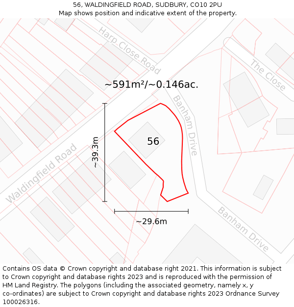 56, WALDINGFIELD ROAD, SUDBURY, CO10 2PU: Plot and title map