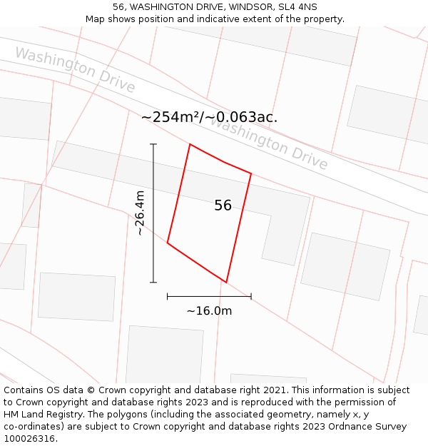56, WASHINGTON DRIVE, WINDSOR, SL4 4NS: Plot and title map