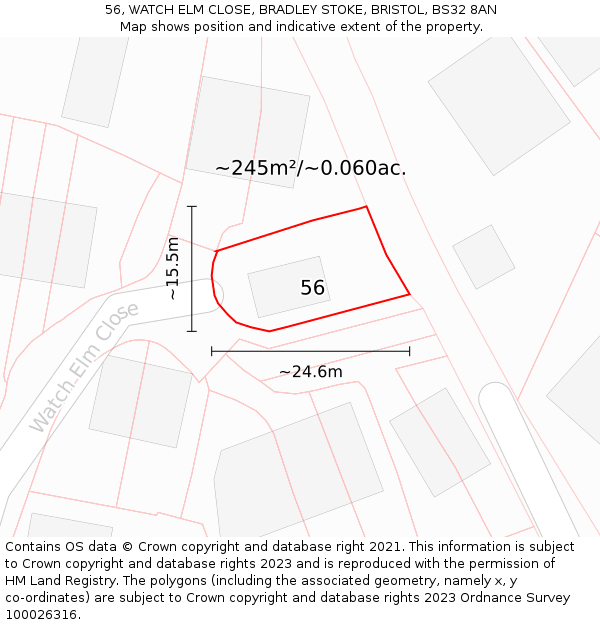 56, WATCH ELM CLOSE, BRADLEY STOKE, BRISTOL, BS32 8AN: Plot and title map