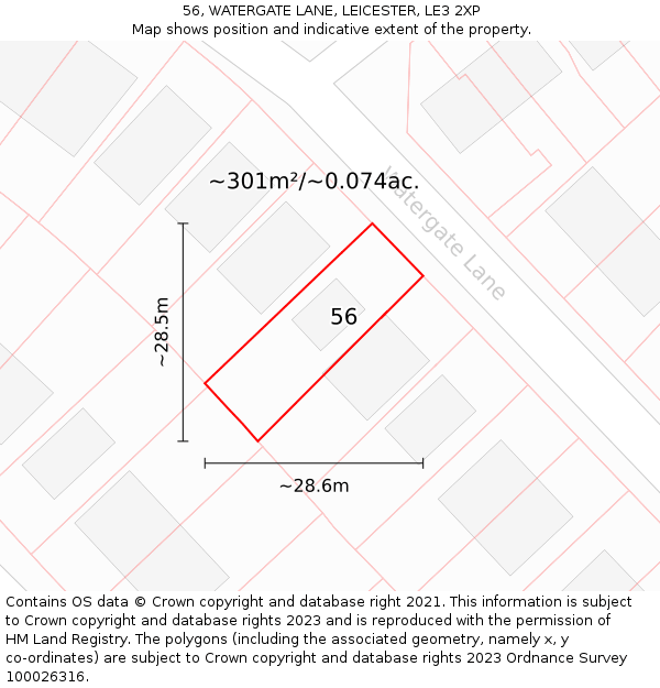 56, WATERGATE LANE, LEICESTER, LE3 2XP: Plot and title map