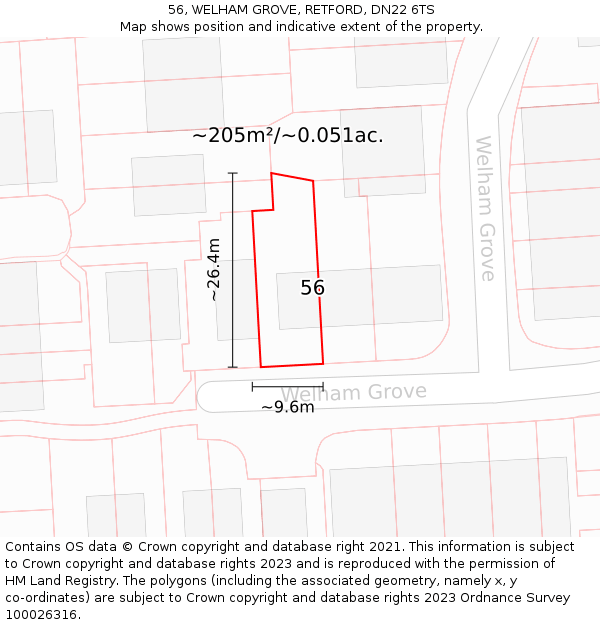 56, WELHAM GROVE, RETFORD, DN22 6TS: Plot and title map