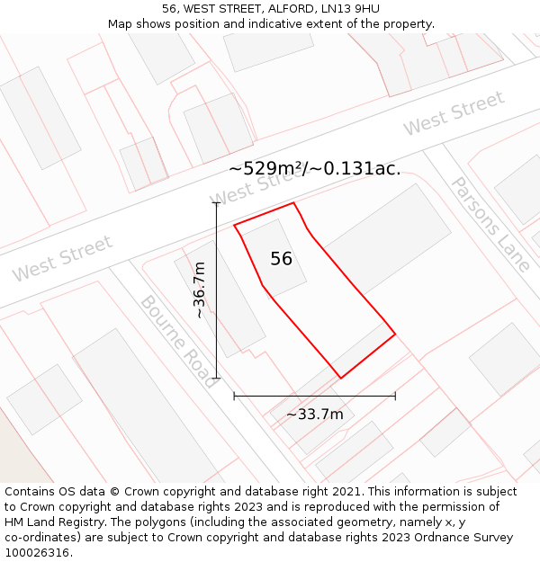 56, WEST STREET, ALFORD, LN13 9HU: Plot and title map