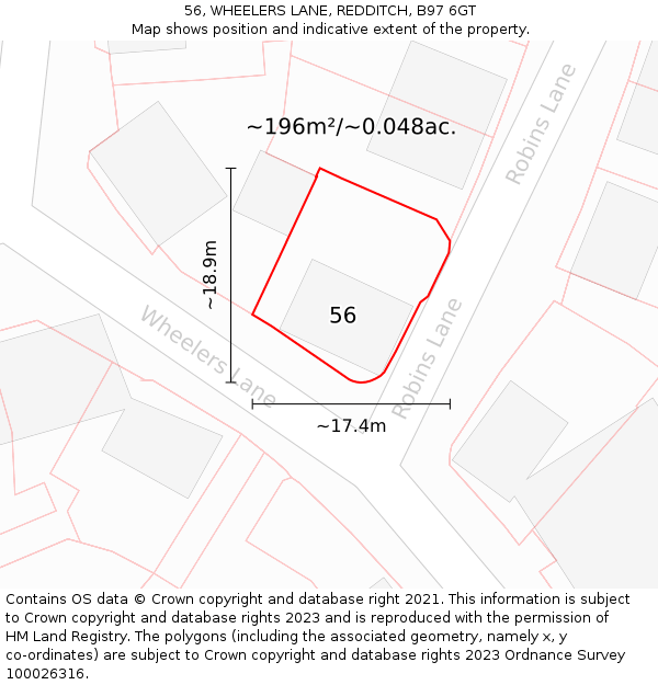 56, WHEELERS LANE, REDDITCH, B97 6GT: Plot and title map