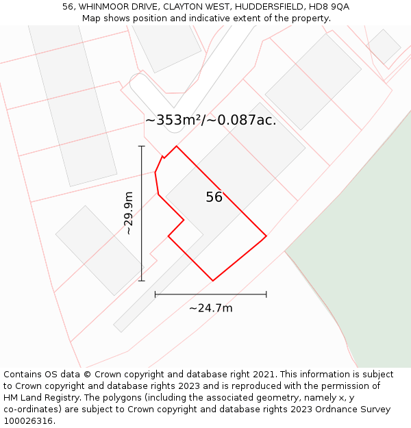 56, WHINMOOR DRIVE, CLAYTON WEST, HUDDERSFIELD, HD8 9QA: Plot and title map