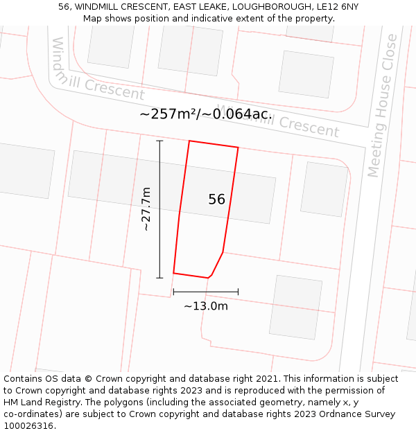 56, WINDMILL CRESCENT, EAST LEAKE, LOUGHBOROUGH, LE12 6NY: Plot and title map