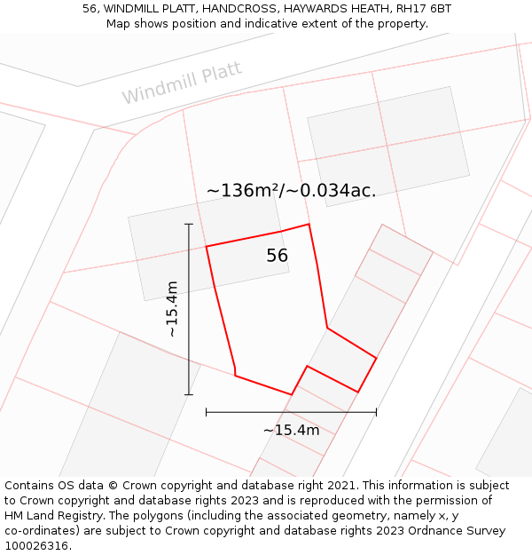 56, WINDMILL PLATT, HANDCROSS, HAYWARDS HEATH, RH17 6BT: Plot and title map