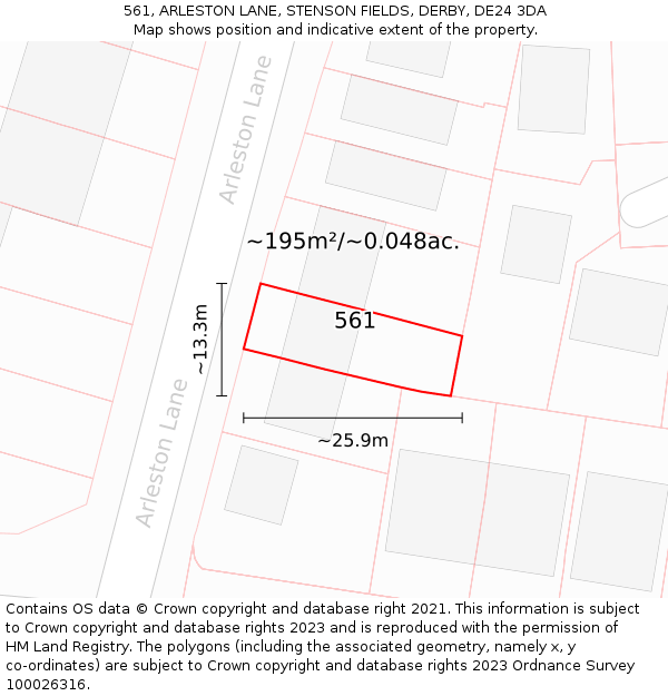 561, ARLESTON LANE, STENSON FIELDS, DERBY, DE24 3DA: Plot and title map