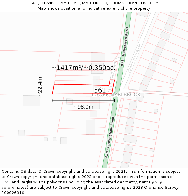 561, BIRMINGHAM ROAD, MARLBROOK, BROMSGROVE, B61 0HY: Plot and title map
