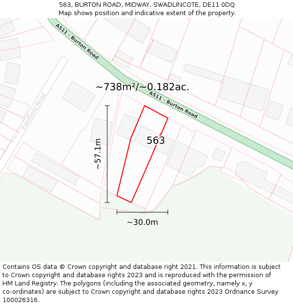 563, BURTON ROAD, MIDWAY, SWADLINCOTE, DE11 0DQ: Plot and title map