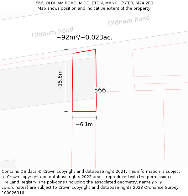 566, OLDHAM ROAD, MIDDLETON, MANCHESTER, M24 2EB: Plot and title map