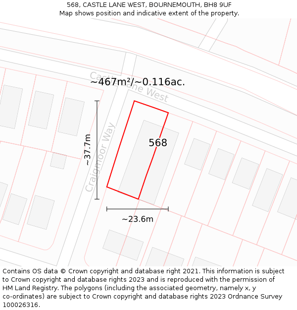 568, CASTLE LANE WEST, BOURNEMOUTH, BH8 9UF: Plot and title map