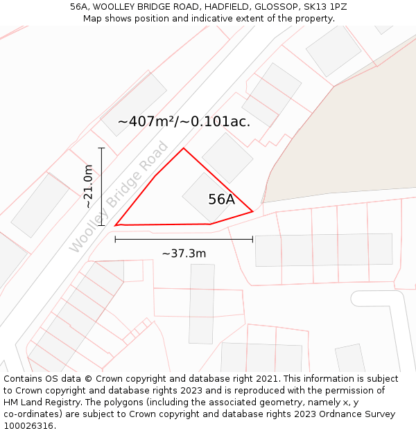 56A, WOOLLEY BRIDGE ROAD, HADFIELD, GLOSSOP, SK13 1PZ: Plot and title map