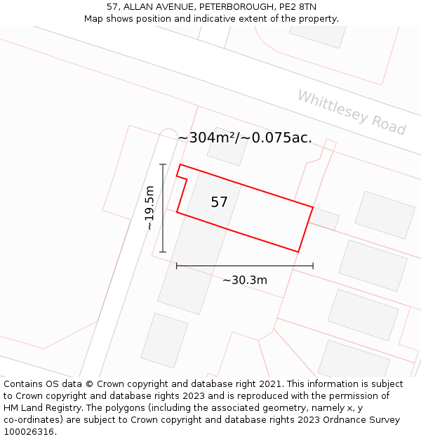 57, ALLAN AVENUE, PETERBOROUGH, PE2 8TN: Plot and title map