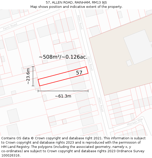 57, ALLEN ROAD, RAINHAM, RM13 9JS: Plot and title map