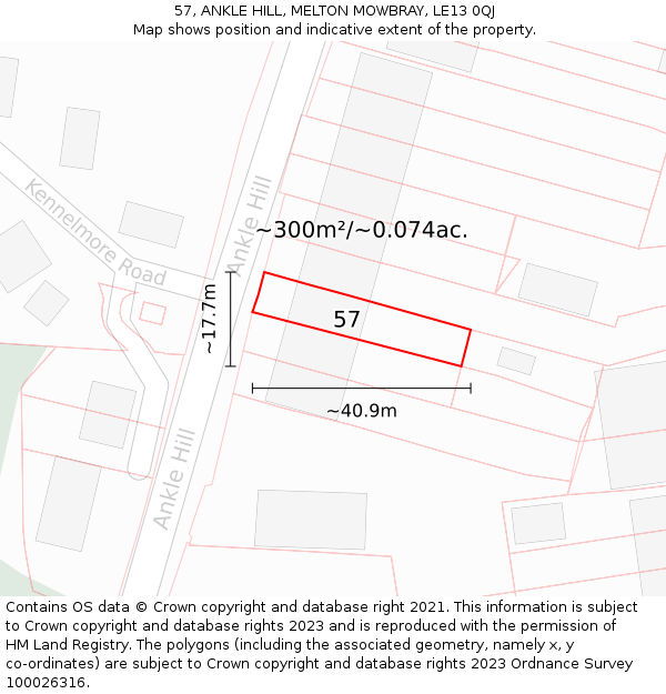 57, ANKLE HILL, MELTON MOWBRAY, LE13 0QJ: Plot and title map