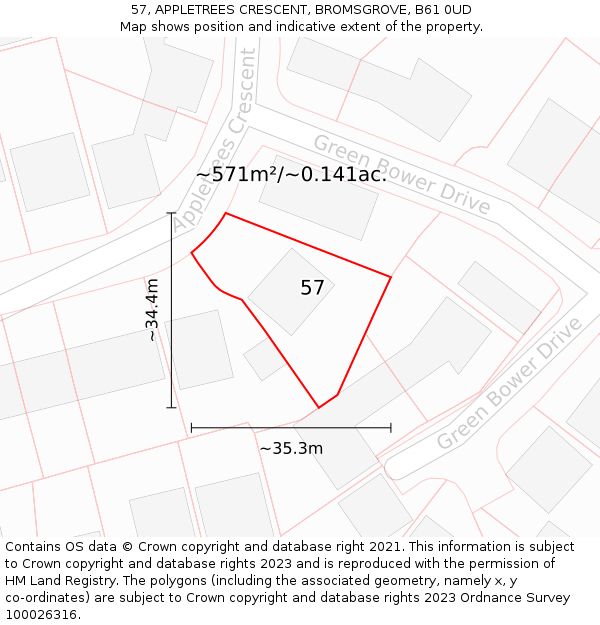 57, APPLETREES CRESCENT, BROMSGROVE, B61 0UD: Plot and title map