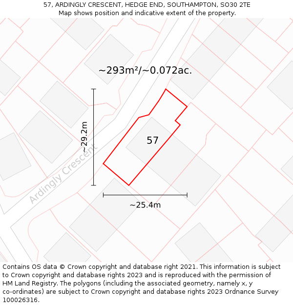57, ARDINGLY CRESCENT, HEDGE END, SOUTHAMPTON, SO30 2TE: Plot and title map