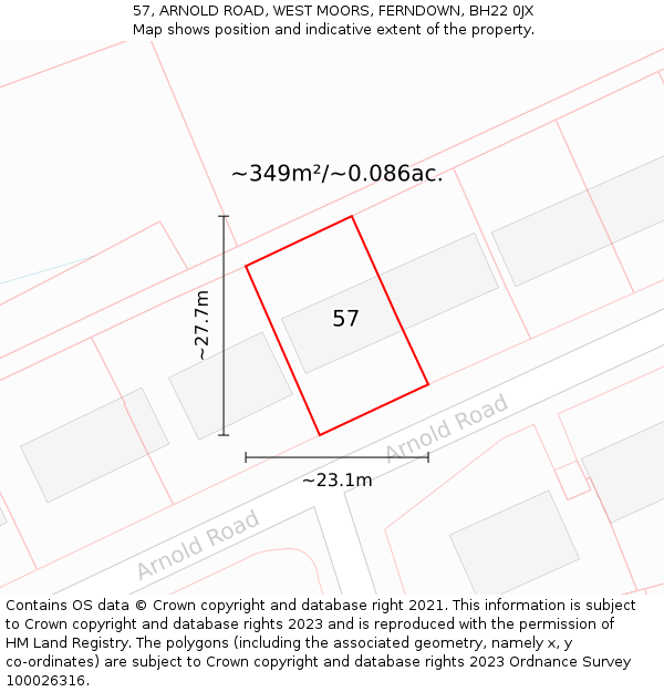 57, ARNOLD ROAD, WEST MOORS, FERNDOWN, BH22 0JX: Plot and title map