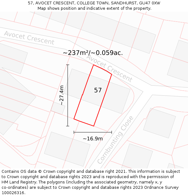 57, AVOCET CRESCENT, COLLEGE TOWN, SANDHURST, GU47 0XW: Plot and title map