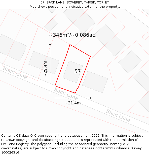 57, BACK LANE, SOWERBY, THIRSK, YO7 1JT: Plot and title map
