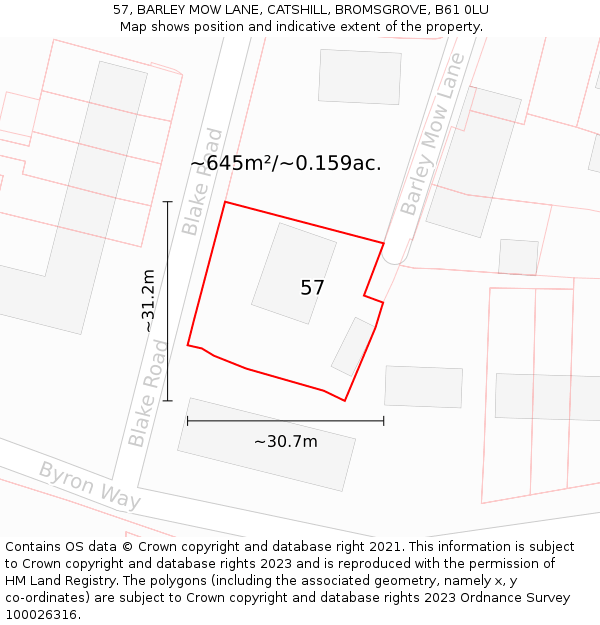 57, BARLEY MOW LANE, CATSHILL, BROMSGROVE, B61 0LU: Plot and title map