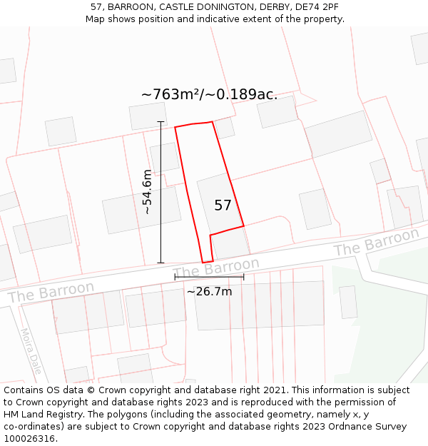 57, BARROON, CASTLE DONINGTON, DERBY, DE74 2PF: Plot and title map