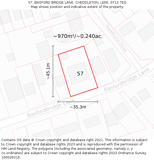 57, BASFORD BRIDGE LANE, CHEDDLETON, LEEK, ST13 7EQ: Plot and title map