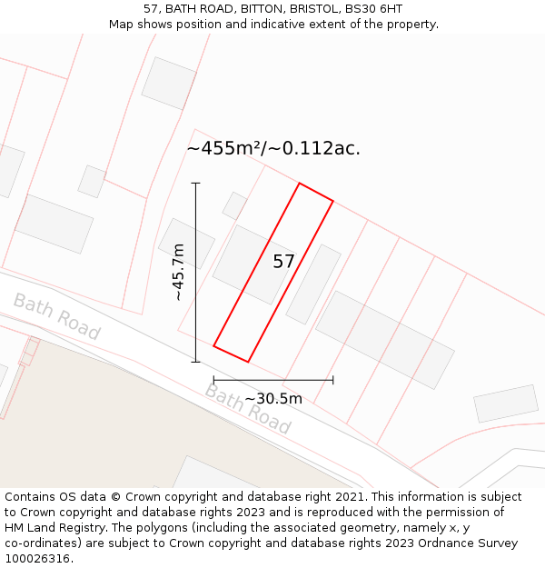 57, BATH ROAD, BITTON, BRISTOL, BS30 6HT: Plot and title map