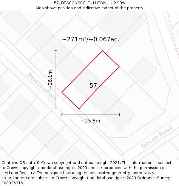 57, BEACONSFIELD, LUTON, LU2 0RW: Plot and title map