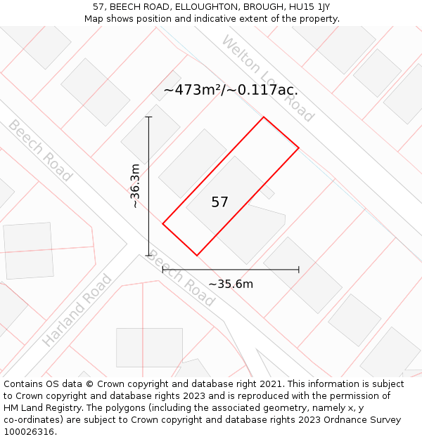 57, BEECH ROAD, ELLOUGHTON, BROUGH, HU15 1JY: Plot and title map