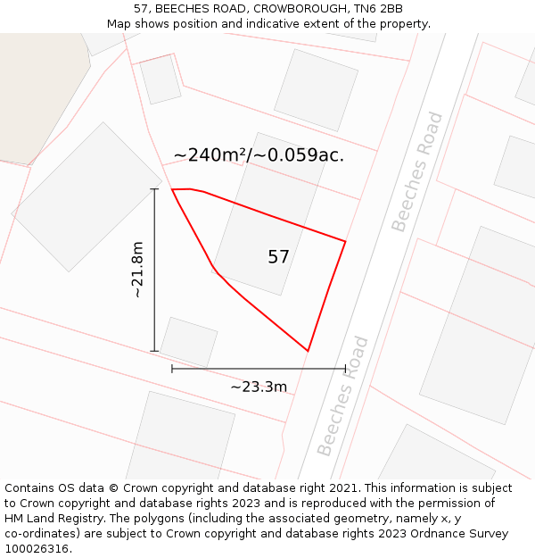 57, BEECHES ROAD, CROWBOROUGH, TN6 2BB: Plot and title map