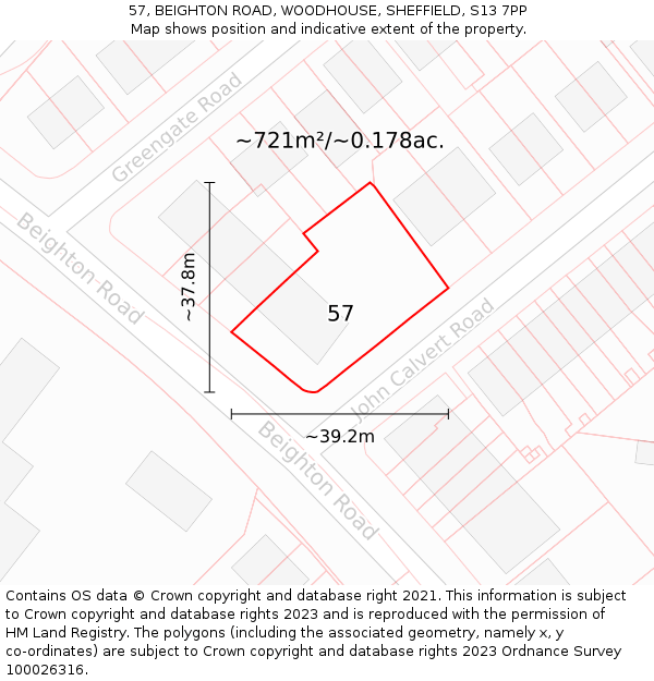 57, BEIGHTON ROAD, WOODHOUSE, SHEFFIELD, S13 7PP: Plot and title map