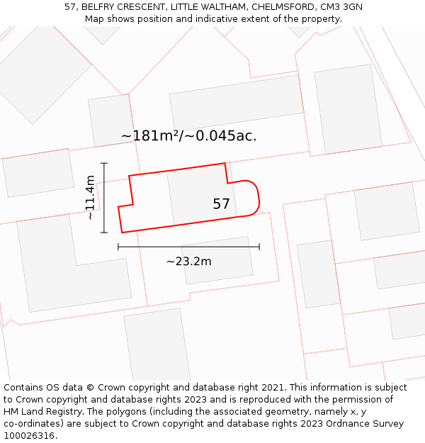 57, BELFRY CRESCENT, LITTLE WALTHAM, CHELMSFORD, CM3 3GN: Plot and title map
