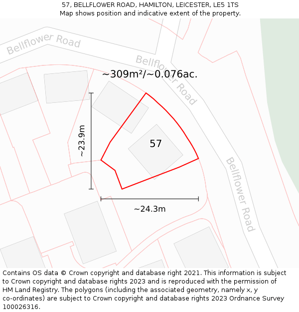 57, BELLFLOWER ROAD, HAMILTON, LEICESTER, LE5 1TS: Plot and title map
