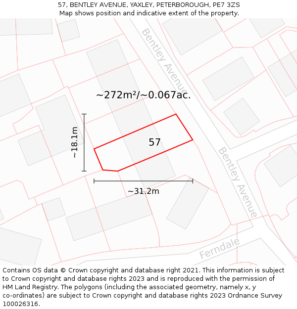 57, BENTLEY AVENUE, YAXLEY, PETERBOROUGH, PE7 3ZS: Plot and title map