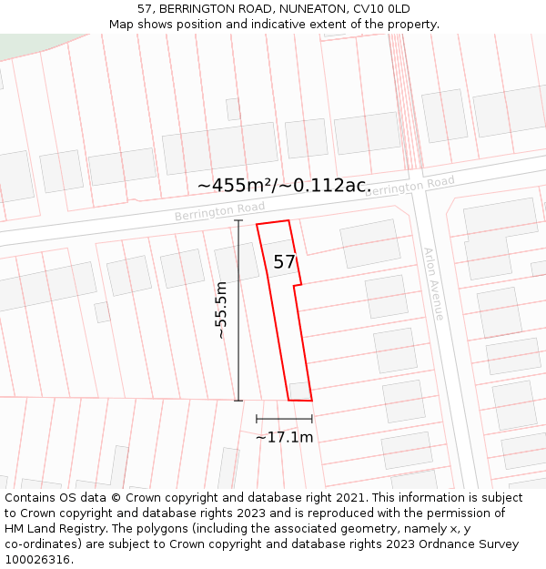 57, BERRINGTON ROAD, NUNEATON, CV10 0LD: Plot and title map