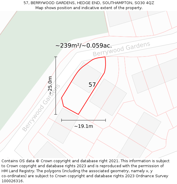 57, BERRYWOOD GARDENS, HEDGE END, SOUTHAMPTON, SO30 4QZ: Plot and title map
