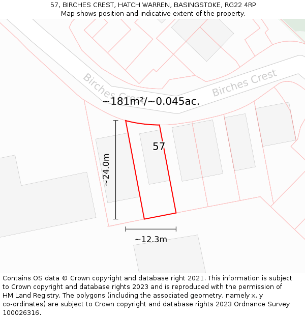 57, BIRCHES CREST, HATCH WARREN, BASINGSTOKE, RG22 4RP: Plot and title map