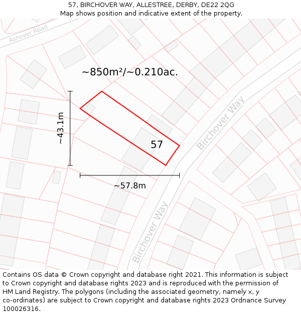 57, BIRCHOVER WAY, ALLESTREE, DERBY, DE22 2QG: Plot and title map
