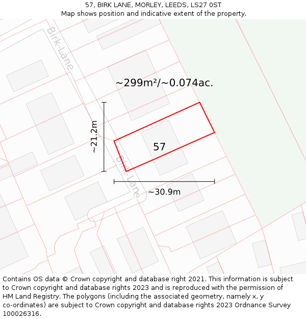 57, BIRK LANE, MORLEY, LEEDS, LS27 0ST: Plot and title map