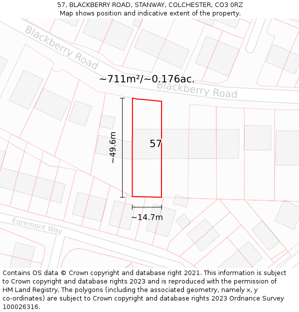 57, BLACKBERRY ROAD, STANWAY, COLCHESTER, CO3 0RZ: Plot and title map