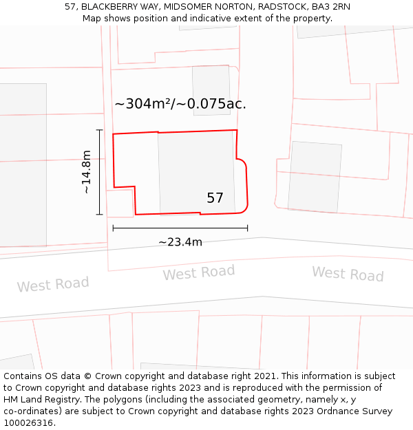 57, BLACKBERRY WAY, MIDSOMER NORTON, RADSTOCK, BA3 2RN: Plot and title map