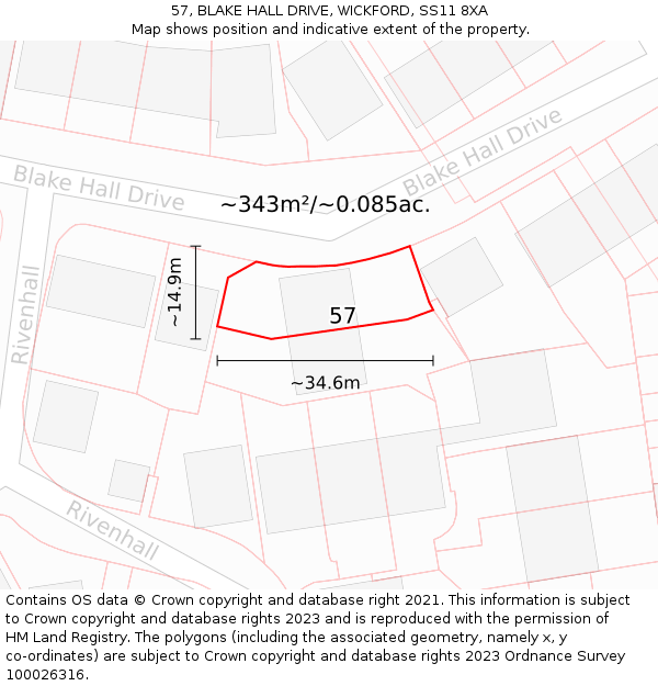 57, BLAKE HALL DRIVE, WICKFORD, SS11 8XA: Plot and title map