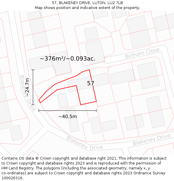 57, BLAKENEY DRIVE, LUTON, LU2 7LB: Plot and title map