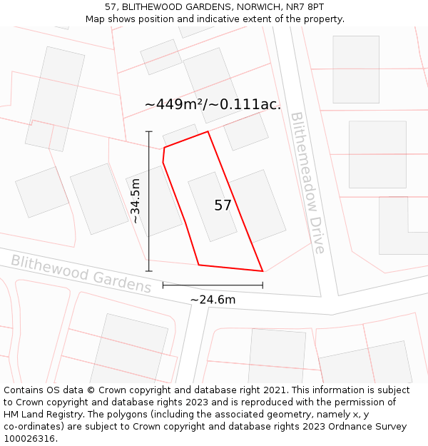 57, BLITHEWOOD GARDENS, NORWICH, NR7 8PT: Plot and title map