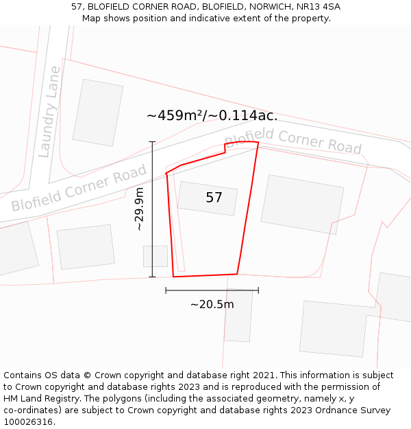 57, BLOFIELD CORNER ROAD, BLOFIELD, NORWICH, NR13 4SA: Plot and title map